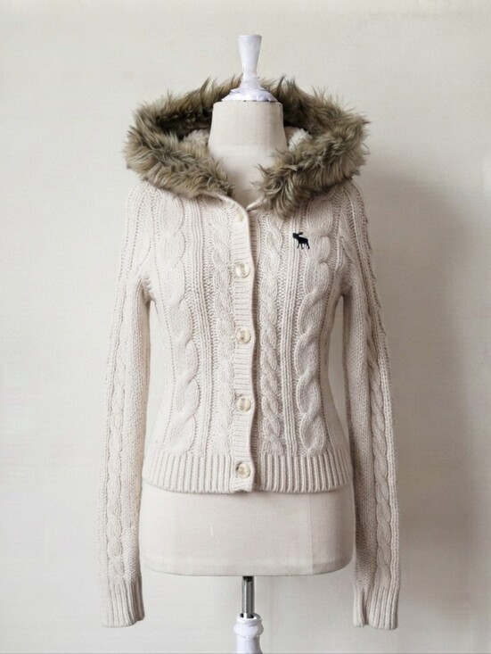 Abercrombie & Fitch Sweaters - Abercrombie cream vintage long sleeve cable knit button up wool blend faux Fur